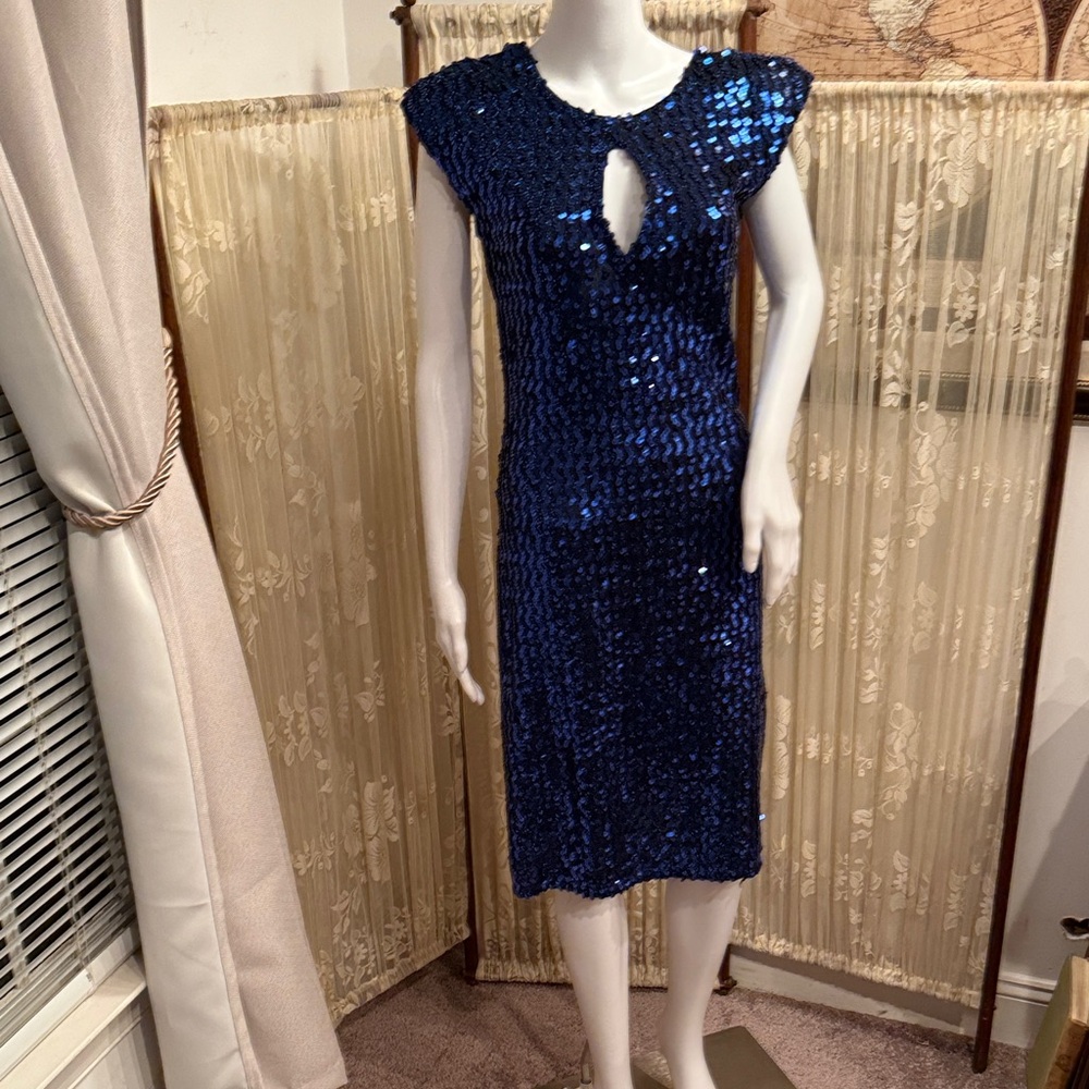 Unique Vintage Midnight Blue Sequin Midi Dress